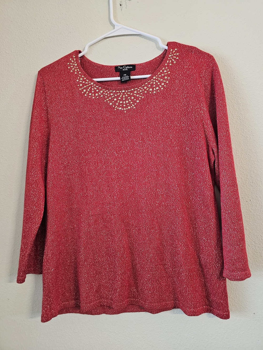 Nue Options Red Sparkle Jewel-Neck Long Sleeve Top